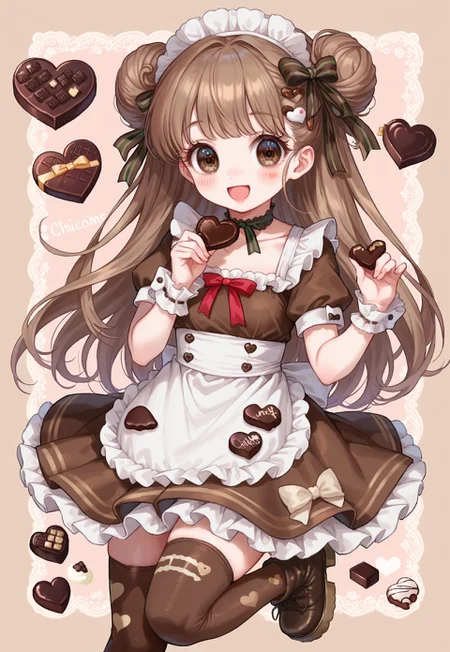 (cutecore, kawaiicore) 1990s (style), 1girl, long hair, double buns, chocolate brown hair, big eyes, brown eyes, (jeweled_eyes),  petite, blush, blush stickers, smile, open mouth smile, :D, holding food, chocolate bar, holding chocolate, (chocolate themed clothes, food-themed clothes), brown (chocolate print frilly dress), food print, brown puffy short sleeves, light brown center frills, dark brown ribbons, brown and cream (attached chocolate print frilly skirt), light brown ruffles, brown frills, white short apron, bows, brown bows, hair ornaments, hair ribbons, brown (square chocolate hair ornament), food-themed hair ornament, brown heart chocolate-shaped choker, white frilled wrist cuffs, brown chocolate print mismatched stockings, print legwear, cream ankle ribbons, chocolate brown chunky ankle boots, chunky platform soles, (simple scenery, simple background), brown chocolate themed background, patterned background, food-themed background, (surrounded by cute hearts, chocolates, box of chocolates, heart-shaped chocolate, chocolate cake, chocolate making)