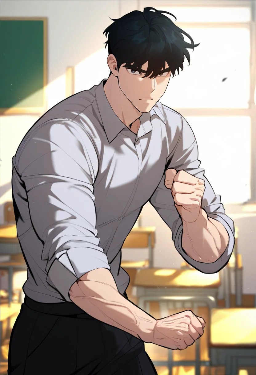 1boy, solo
<lora:Character - Designated Bully - Kwon Daegun:1> kwondaegun, black eyes, black hair, muscular, muscular male,
, zPDXL, score_9_up, score_8_up, score_7_up, score_6_up, score_5_up, score_4_up, best quality, normal aesthetic, absurdres, year2023, sfw, uncensored,
classroom, looking at viewer, school uniform, sleeves rolled up, fighting stance, standing, clenched hands,