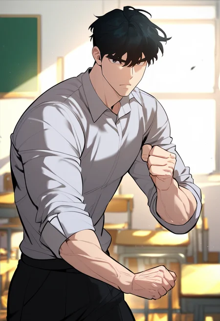 1boy, solo
<lora:Character - Designated Bully - Kwon Daegun:1> kwondaegun, black eyes, black hair, muscular, muscular male,
, zPDXL, score_9_up, score_8_up, score_7_up, score_6_up, score_5_up, score_4_up, best quality, normal aesthetic, absurdres, year2023, sfw, uncensored,
classroom, looking at viewer, school uniform, sleeves rolled up, fighting stance, standing, clenched hands,