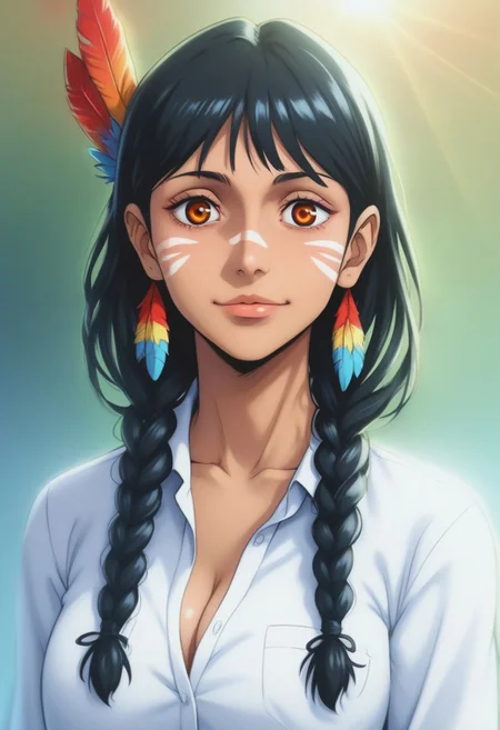 score_9, score_8_up, score_7_up, source_anime, intricate details, anime screencap, perfect balance, official art, extremely detailed CG unity 8k wallpaper, perfect lighting, Colorful, Warm_Front_face_Lighting, (masterpiece:1.0),(best_quality:1.0), ultra high res,4K,ultra-detailed, photography, 8K, HDR, highres, absurdres:1.2, Kodak portra 400, blurry background, bokeh, lens flare, (Anime) (vibrant_color:1.2), professional photograph, night, (cute_face:1.2), 2d, anime, upper body, intricate iris, American, Professional character design, 1girl, female focus, (Orange eyes), perfect eyes, (black-hair), Native American, Indigenous, American Indian, youthful, solo, jujutsu_kaisen_style, character portrait, (perfect-lighting), face, young, (Dark-black-hair), Long hair, (Native American), Indigenous, American Indian, (((wild eyes))), (Native North American), (Upturned eyes), (high cheekbones), (strong jawline), (Black Hair), ((((Native-American-Eagle-feather-braids, Native American Eagle feather accessories)))), (((wild eyes))) ((Bobbed Bangs)) (((Slanted-Eyes))) (Psycho) (Happy) (Friendly) (Goofy) (White Dress Shirt), (Warpaint), (Redwood Forest, Pacific Northwest Forests), (Inuit), (Tan skin), (Dark Skin), (Brown skin), (bobbed hair), White Eagle-Feather-Earrings, Thick Bangs, Bobbed hair, Bob-cut, White-Feather-Earrings, Brown-skin, Inuit Face-paint, Full-Bangs, Wide-Bangs, Thick-Hair, Native Face-paint, cleavage, (White Dress Shirt), Black Suit Tie