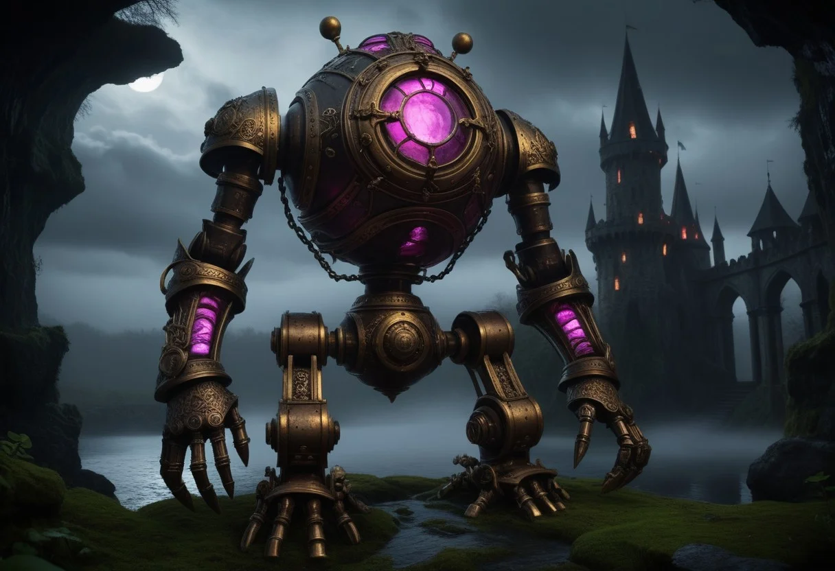 giant bipedal robot brass and dark pink striped paint, bronze paisley robot. lacy robot metal. glass jar helmet torso head. outside of a steampunk keep. large detailed torso. dark image. one forty foot tall ancient robot with great arms and two heavy spring legs. dark foggy night background. $dark foggy night image only. dark photo realistic image. steampunk details. cogs, chains and pipes incorporated in the fantasy buildings. magic wizards tower in background. Dark swamp, moss, castle ruins, wizards tower. stormy dark night. stormy sky. rain