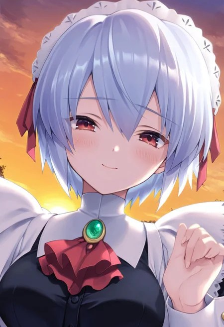masterpiece, 1girl, portrait, koto_yuki, blue short hair,medium breasts,red eyes, y_maiddress,y_maidapron, lace trim, wrist cuffs, red ascot, green brooch, y_maidheaddress, black pumps looking at viewer, smile, blush, dramatic scene, sunset