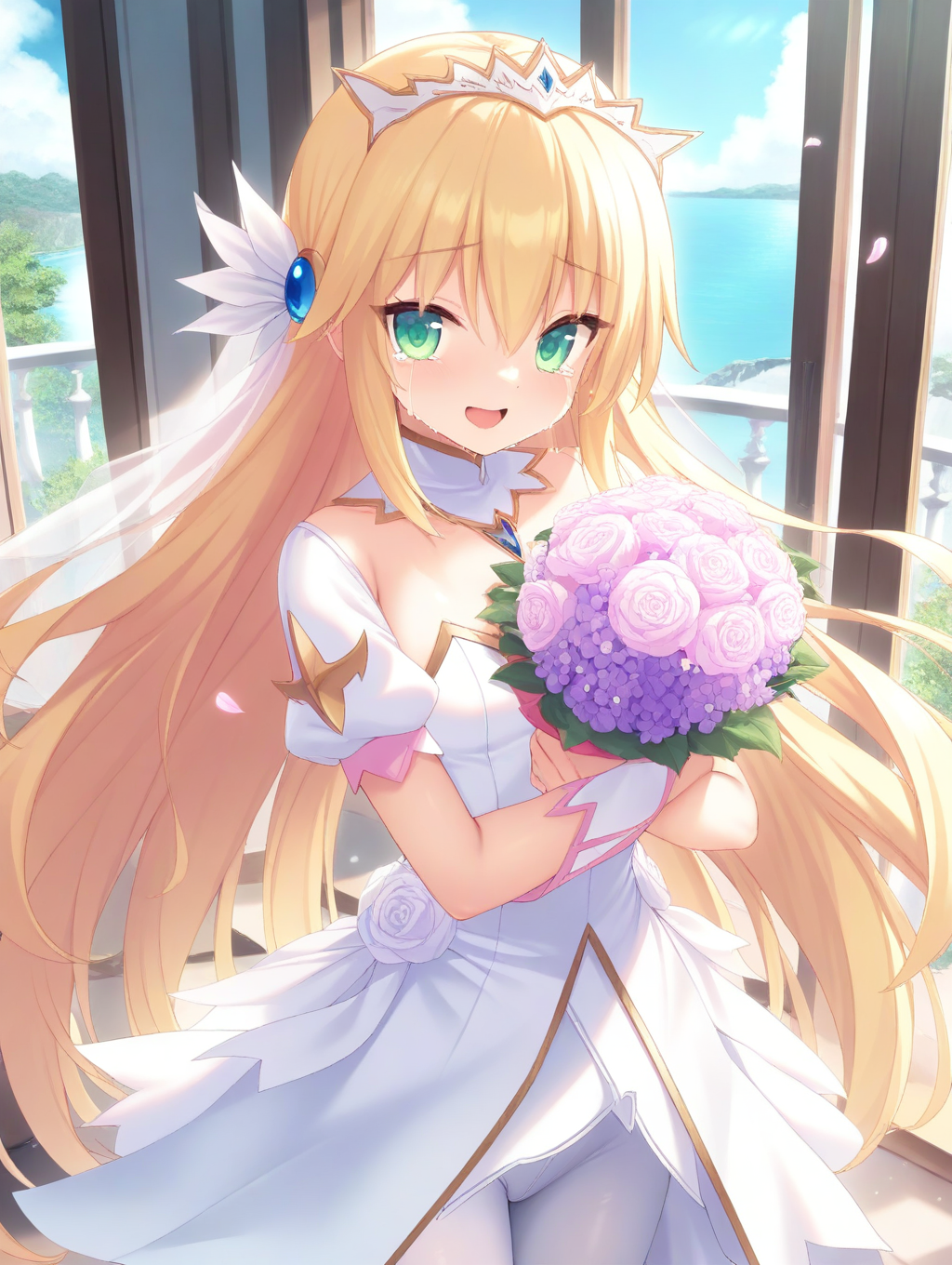 masterpiece,best quality,amazing quality,very aesthetic,absurdres,newest,scenery,<lora:iris milla_ilxl_v1-000010:0.8>,1girl,solo,blonde hair,green eyes,hair ornament,very long hair,tiara,white pantyhose,wedding dress,holding bouquet,iris milla,standing,looking at viewer,smile,open mouth,crying,hugging object,