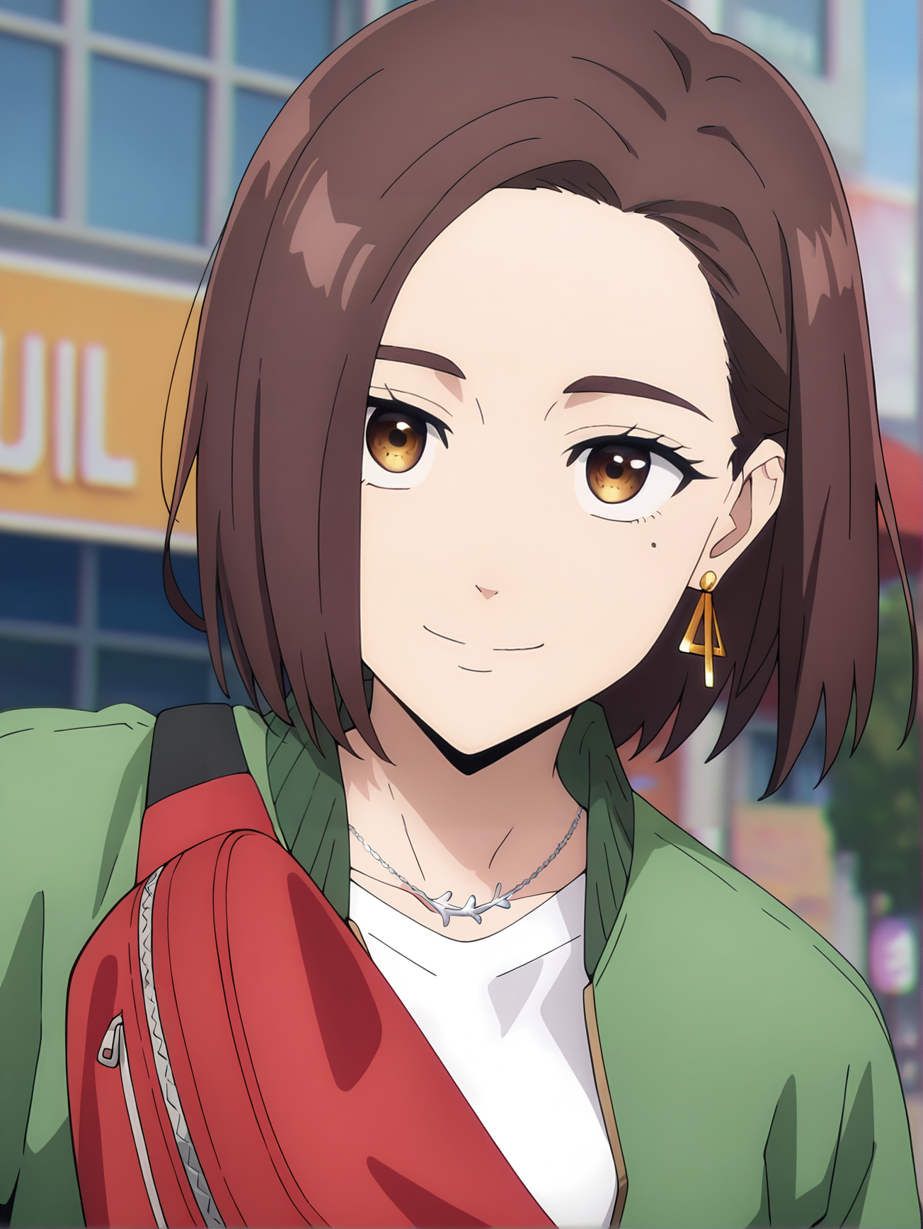<lora:Kotoha_Tachibana_Characters:0.8>kotoha_tachibana, 1girl, solo, brown eyes, brown hair, short hair, green bomber jacket, white shirt, looking at viewer, earrings, silver necklace, mole under right eye, red sling bag, closed mouth, smile, portrait, ultra dynamic pose, city park
