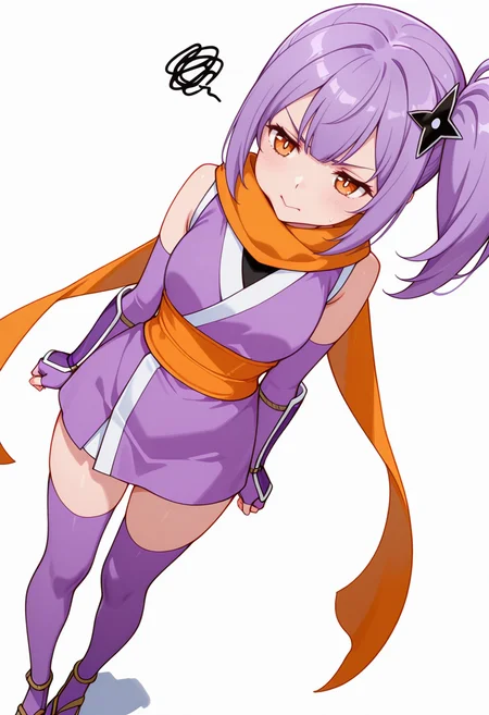 masterpiece,high quality details, absurdres,
 <lora:Satoko_Kusagakure:0.8>
satoko_cnr, 1girl, purple hair, long hair, side ponytail, bangs, orange eyes,hair ornament,sidelocks, enh_cnr,
satoko_s1, ninja, japanese clothes,short kimono, sleeveless, sash, scarf, purple thighhighs, sandals, fingerless gloves, elbow gloves,, simple background, white background, dynamic angle,solo,, frustrated,annoyed,, :>=,