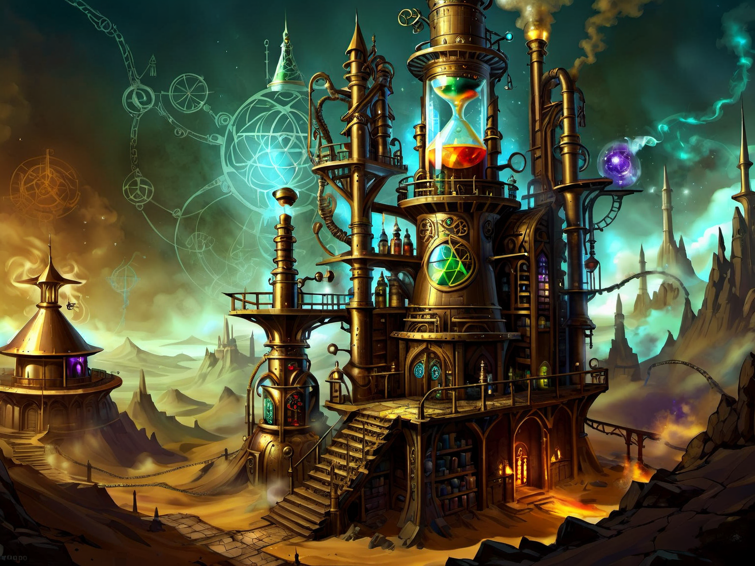 <lora:MagicAI:.9>   AlchemyPunkAI   mage tower , Highly detailed, sci fi fantasy setting, intricate detailed background