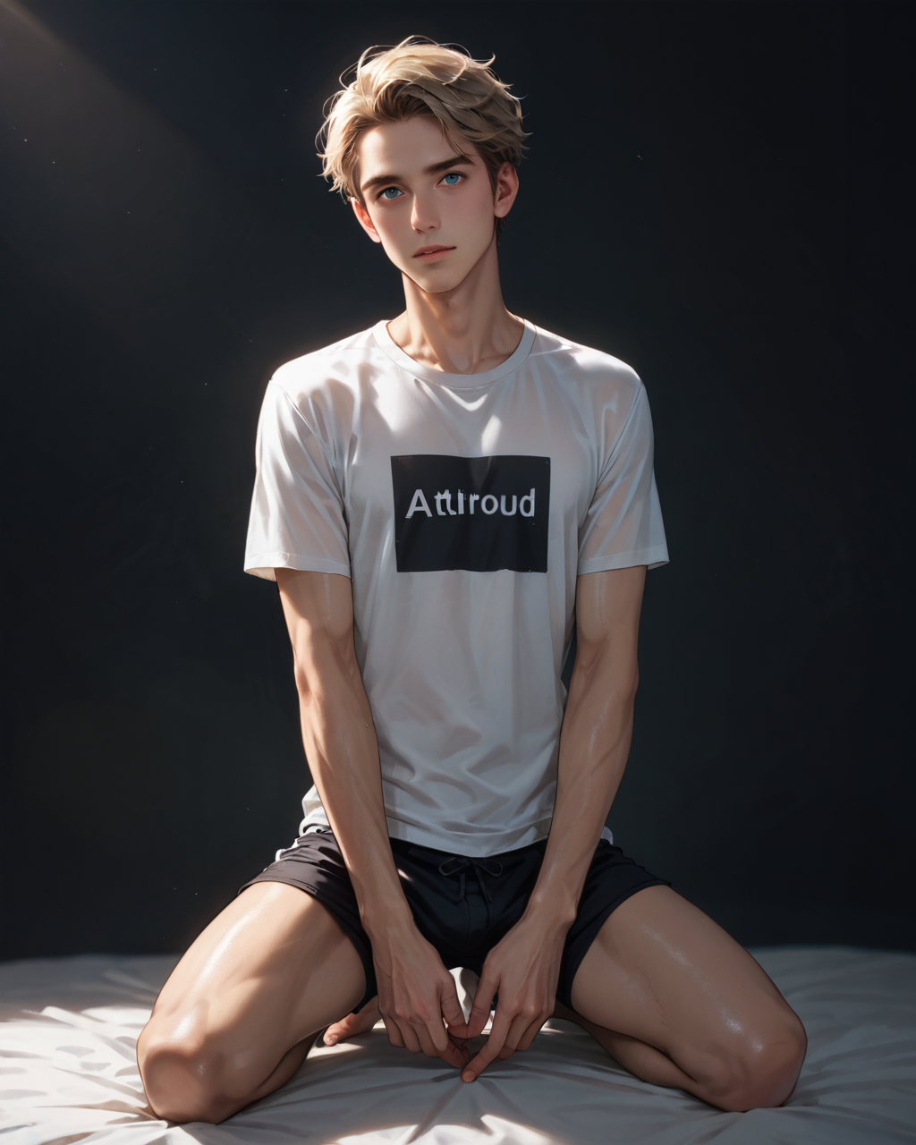 score_9, score_8_up, score_7_up, score_6_up, score_5_up, score_4_up, rating_questionable, 
<lora:KC-1:0.5>, dramatic lighting, glistening skin,
intricately detailed, photo studio with black backdrop, black background,
1boy(human, glistening skin, handsome, sexy, seductive, posing, looking at the viewer, friendly expression, kneeling,
pale skin, european, blond hair, 
twink, slender, 
loose t-shirt, shorts),
depth of field, 
<lora:xl_more_art-full_v1:0.4>,
<lora:add-detail-xl:0.4>