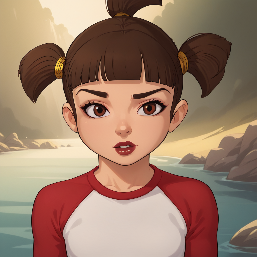 score_8_up, BREAK, 1girl , solo, Trixie, brown hair, tri tails, short twintails, brown eyes, blunt bangs, lipstick, white shirt, red raglan sleeves, red sleeves, upper body, <lora:Trixie_LazyTown_PXL_Leaf1v2:1>, outdoors,