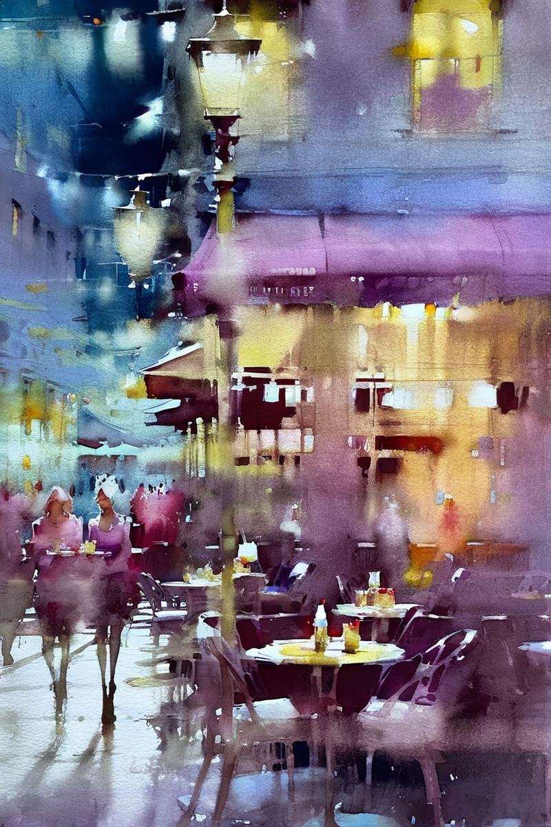 Watercolor masterpiece,city street scene,corner outdoor cafe,dusk,impressionist art paintings by Jeremy Mann,Miles Johnston,Alasdair McLellan,Daniel Merriam,Peter Glick,Darius Klimza,gorgeous art,beautifully lit,surreal,ethereal,exquisite details,brilliant,wonderful,outstanding,amazing colors,mysterious,watercolor wash,<lora:Watercolor _sdxl:1.9>,Watercolor style,