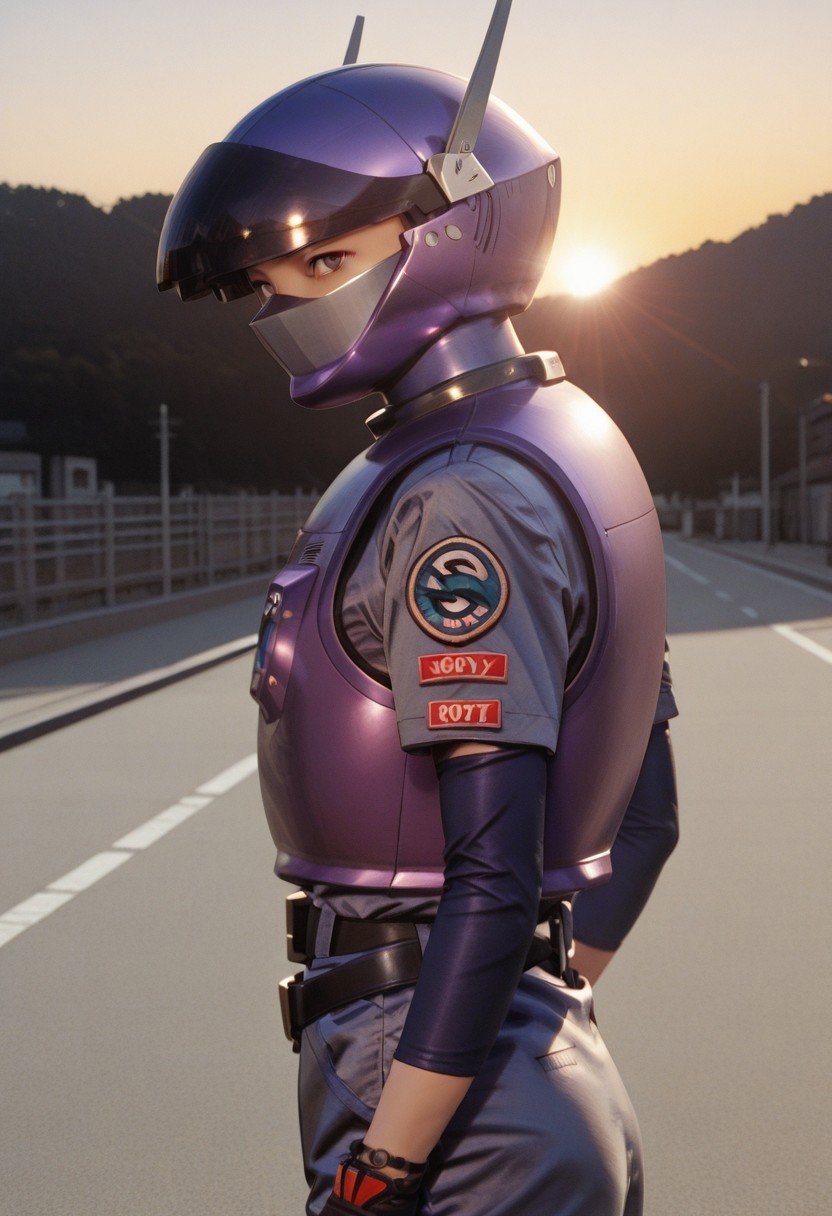 solo, 1girl, cowboy shot , 
purpl3sw4t,  BREAK, looking viewer, eyes
purpl3sw4t, purple_turtleneck, helmet, open_visor, purple, armor, fingerless_gloves, uniform_shirt, blue_sleeves, from side, badge_number, 0071_badge_number, 0071_text, text on badge,
outdoors, road, sunset, dramatic lighting