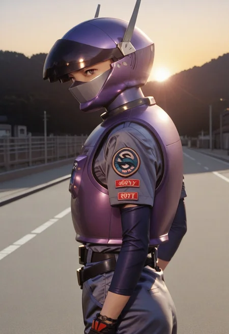 solo, 1girl, cowboy shot ,
purpl3sw4t, BREAK, looking viewer, eyes
purpl3sw4t, purple_turtleneck, helmet, open_visor, purple, armor, fingerless_gloves, uniform_shirt, blue_sleeves, from side, badge_number, 0071_badge_number, 0071_text, text on badge,
outdoors, road, sunset, dramatic lighting