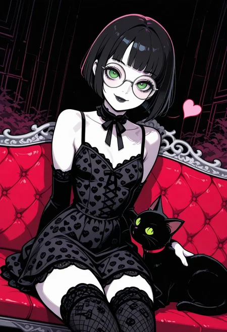 masterpiece, best quality, 32k, high resolution, absurdres, vector art, flat colors, s1n0p0pe, in the style of Jedpstgl, Impressionism, Vaporwave,Pixel Art, Polly, PollyRH, short hair, bobcut, black hair, bangs, green eyes, small breasts, almost flat chest, slim, pale skin, big round eyeglasses, clear eyeglasses lenses, red, lip gloss, short goth dress, dark background, creepy background, abstracts, cowboy shot, looking at the viewer, holding an umbrella, hearts pattern umbrella, smiling, sitting on a bench, metal bench, thighhighs, black cat, goth attire, cuddling the cat, Dutch angle, blowing kiss, hand kissing,