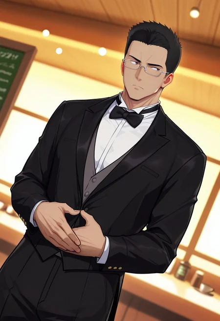 safe_pos, score_9, score_8_up, score_7_up, score_6_up, perfect anatomy, perfect proportions, best quality, masterpiece, high_resolution, high quality, best aesthetic, incredibly absurdres, highres, extremely detailed, huge filesize, solo male, adult, mature, masculine, manly, handsome, charming, alluring, seductive, heroic, serious, grim, stern, unsociability, bluntness, gruffness, upper body, dutch angle, cowboy shot, perfect face, perfect eyes, source_anime, anime coloring, BBBIsami, Isami Ao, brown eyes, sanpaku, BBBIsami_hairstyle01, black hair, short hair, neat hair, bare forehead, butler uniform, black tuxedo, glasses, white shirt, black bowtie, tuxedo bow ties, black jacket, grey vest, black pants, cinematic still, emotional, harmonious, vignette, bokeh, cinemascope, moody, epic, gorgeous, indoors, cafe, coffee shop looking away