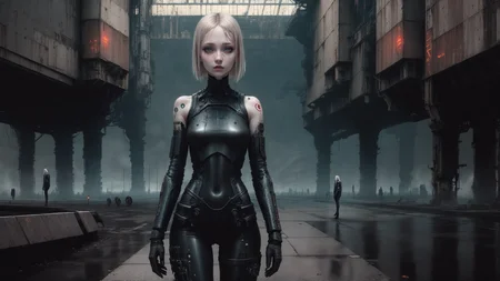 [colorized],muted colors,dark colors,gloomy,RAW photo,realistic,detailed,8k uhd, dslr, soft lighting,natural lighting,volumetrics dtx,dim light
(cyborg:0.6) girl with Ella Freya face,cibo (normal), grimy face,face black lines tattoos,pale skin,slutty bodycon,free hands,leg pivot
metal,concrete,scratches, reflects,gothic,muted colors,,,mega structures, giant buildings ,decrepit scenery,deep horizon
by David Palumbo, by Ben Templesmith,by Brian Oldham,by Simon Stalenhag
<lora:blame5:0.7> <lora:epiNoiseoffset_v2:0.3> <lora:LowRA_v20:0.5>