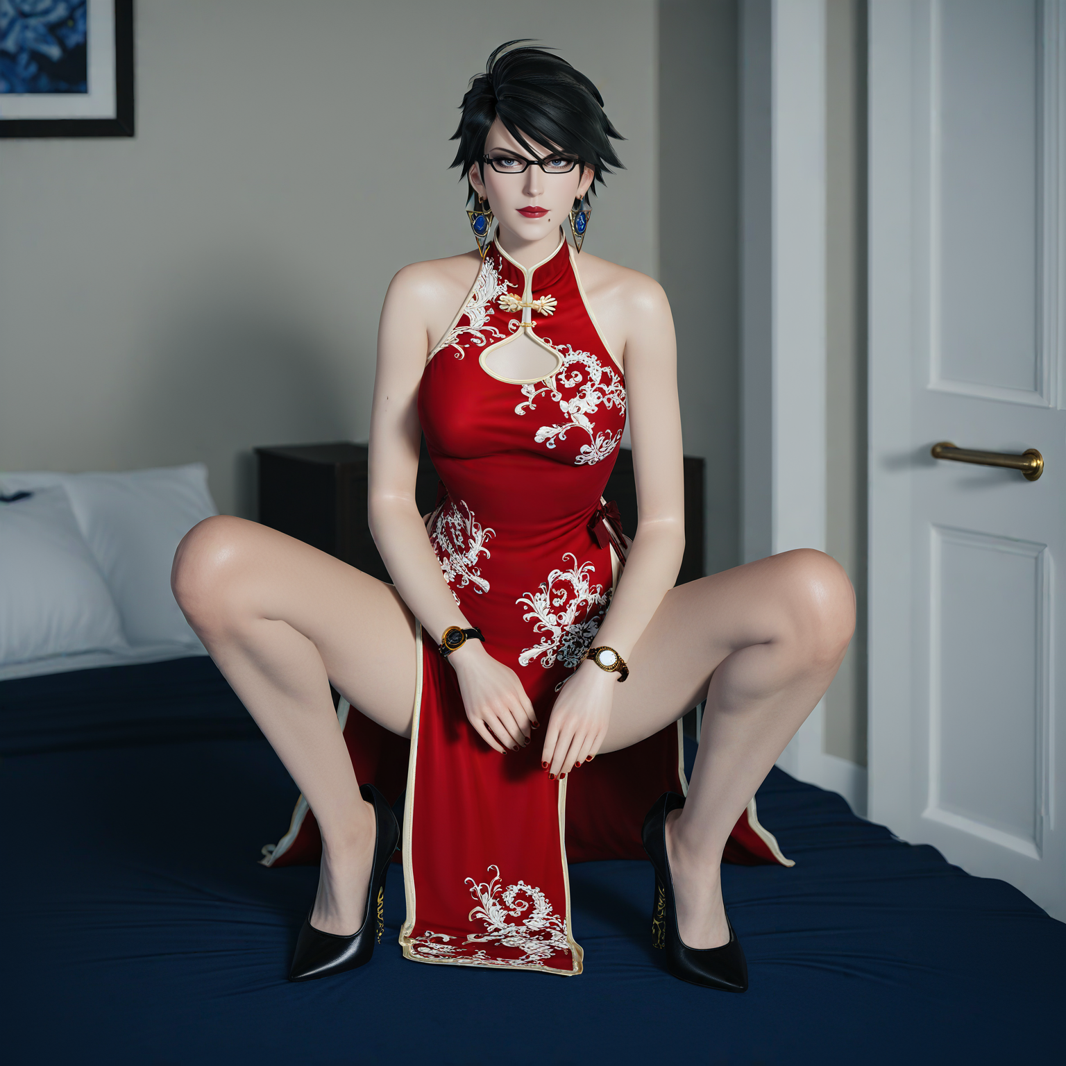 score_9, score_8_up, score_7_up, score_6_up, score_5_up, score_4_up,score_realitic,highly detailed, beautiful composition. full body view,big breast,from front,white wall,(white sheets:1.3),in door,on bed,sharp photo,bayonetta from bayonetta 2, 1girl, solo, glasses, bayonetta, jewelry, black hair, high heels, earrings, short hair,long dress, squatting,mole under mouth,black  footwear,bow tie shoes, mole, nail polish, lipstick, makeup, lips,bare shoulders, bayonetta's red qipao, looking at viewer, spread legs,  watch, breasts, alternate hairstyle, shoes, bayonetta,full body view,on bed, <lora:bayonetta-000007:0.65> ,  <lora:add-detail-xl:0.5>, <lora:GoodHands-vanilla:0.8>, <lora:Photo 2 Style SDXL_LoRA_Pony Diffusion V6 XL:0.8>,