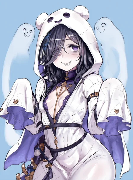 score_9_up, score_8_up, score_7_up, source_anime
,detailed face,detailed body,detailed eyes,perfect eyes
,Highest Quality,1girl
,lich \(granblue_fantasy\), (hlich)
, hood up, open robe, hair over one eye, purple eye, bags under eyes, sharp teeth, thin arms, narrow shoulders, long sleeves, petite, long hair, black hair, hair ornament, long white dress
, small breasts
,wide hips
,shiny skin
,cowboy shot
,looking at viewer, blush
,looking at viewer,naughty face, seductive smile,grin
<lora:Halloween_Lich_Granblue_Fantasy:1>
<lora:AtahutaP:0.5> atahutap
<lora:fishine_v22m:0.5>
<lora:thomasz-Style-PonyXL-GLoRA-v1.1:0.5>
<lora:Yamatogawa_PonyXL_dim32:0.7> yamatogawa
<lora:raita_xl:0.3> raita
<lora:Rebis_style_-_pony_xl:0.3> rebis style-pxl