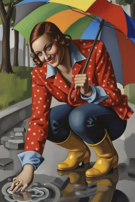 tamaradelempicka1 painting.
A young woman, angled from slightly above and to the right, crouching low to the ground in a puddle. The young woman is wearing bright yellow rubber boots and a red jacket with white polka dots. The jacket sleeves are pushed up to reveal blue cuffs. The young woman also wears dark blue jeans and has a smile on her face as she extends her right index finger to touch the water in the puddle. She holds a large, open umbrella with rainbow-colored panels and a red handle over her.
The ground is wet and paved with grey stones, reflecting the sky and umbrella. The background is slightly blurred, showing hints of green grass and trees. The lighting is overcast and diffused, typical of a rainy day. <lora:tamaradelempicka1_cap_d8a4:1.0><lora:863956340349907468:0>