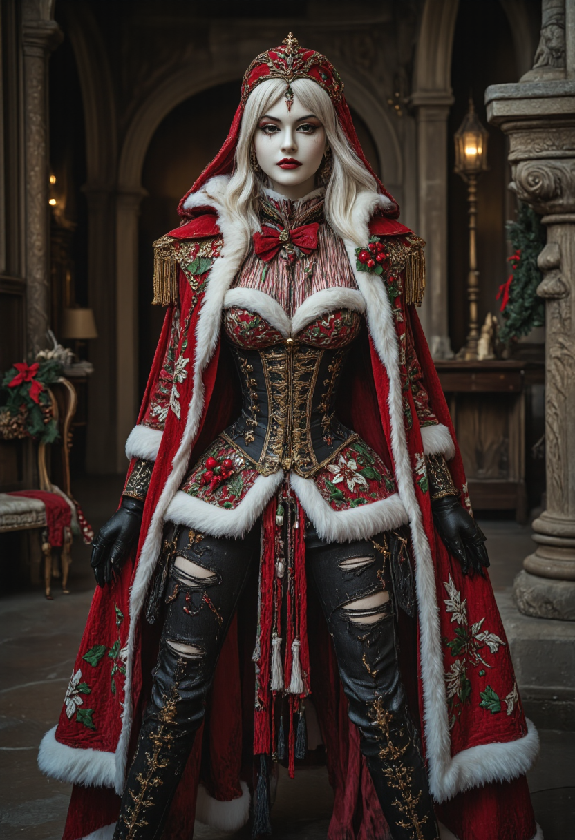 A ghostly white lady haunting the halls of a medieval German castle, German Folklore Creatures,<lora:ChristmasCouture:0.8>, armor, berry, buckle, bodysuit, coat, corset, crown, distressed denim jeans, edgy, embroidery, epaulettes, fantasy, feathers, festive, floor-length, floral, form-fitting, frilly, fur-lined cape, glittering, gothic, gold accents, gown, headdress, high-collared, holly, jumpsuit, lace, leather, leaves, luxurious, medieval, military-style, off-the-shoulder, opulent, ornate, overcoat, pinstriped, plaid, poinsettia, puffy winter jacket, punk, red and white striped, ruffled, sash, scarf, sequined, shawl, skirt, snowflake, steampunk, sweetheart neckline, tassels, tiara, trimmed with white fur, turtleneck sweater, velvet, Victorian, wings, <lora:boFLUX Christmas Dreams:0.5>, bo-christmas, <lora:ck-old-wooden-christmas-toys-000016:0.5>, A high-quality, close-up photograph of a ck-owct style hand-painted wooden christmas toy featuring a <lora:Satria_Gandrong_FLUX:0.5>, wayang_golek, wayang