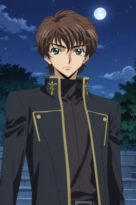 score_9, score_8_up, score_7_up, source_anime, rating_safe, intricate details, anime screencap, anime coloring, , looking at viewer, , 1boy, solo, male focus, <lora:suzaku_kururugi_pony:0.98>, suzaku_kururugi, brown hair, green eyes, rule of thirds, skytree, night, full moon, legs up, speaking, talking, mackintosh,, <lora:sdxl_lightning_8step_lora:1>