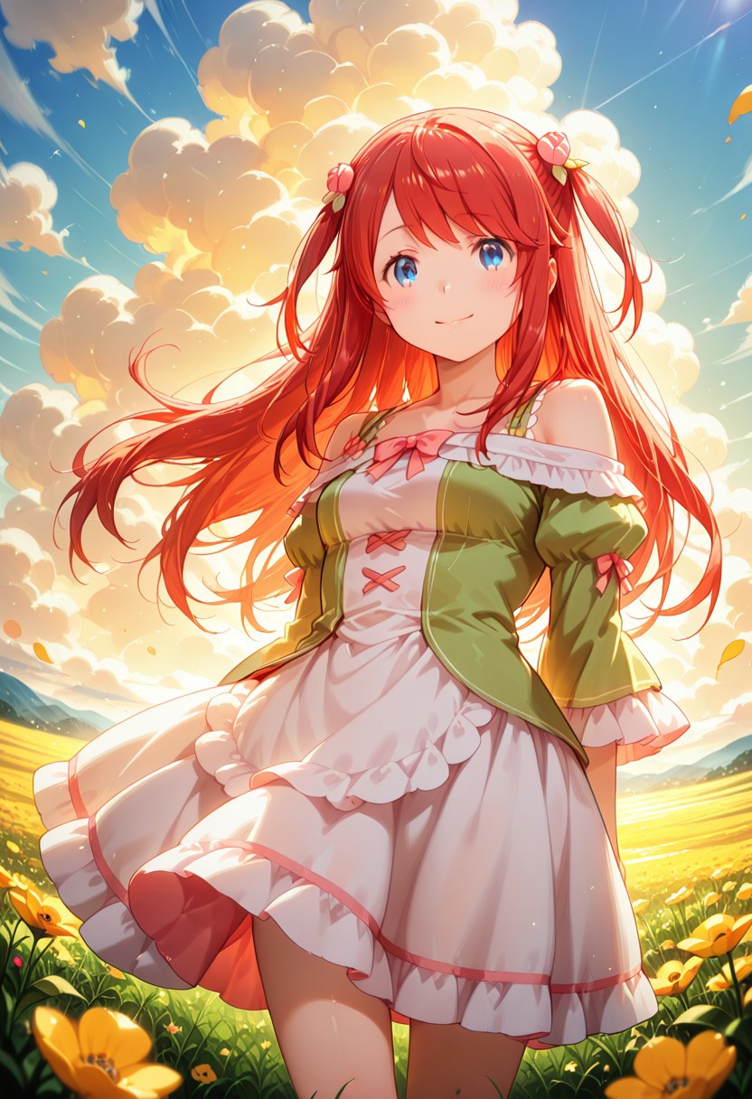 1girl, solo, masterpiece, best quality, newest, absurdres, CG, anime, source anime, illustration, very aesthetic, high resolution, ultra-detailed, newest, scenery, medium depth of field, rule of thirds, masterpiece-level, clean lines, sharp, focused subject, <lora:Theresia_van_Astrea_r1:1>
BREAK 1girl, solo, Theresia_van_Astrea, t_theresia, hair ornament, blue eyes,long hair, red hair,flower, hair flower,two side up,
white dress, dress
dynamic pose, standing, happy, smiling, blushing, joyful
outdoors, meadow, flowering wildflowers, poppies, cornflowers, day ,sunny
cinematic angle, various angles, detailed background, beautiful background, (rays light:1.0),(grow:1.0), light particles
