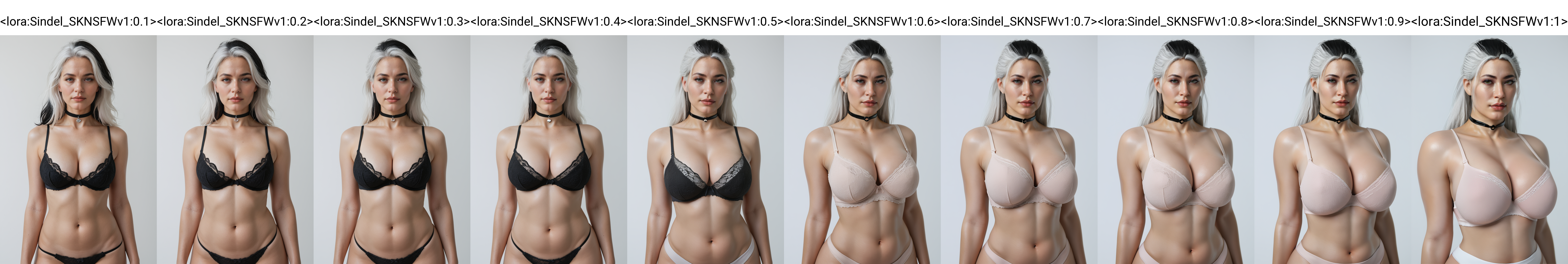 score_9, score_8_up, score_7_up, realistic,
1girl, solo,
standing,
looking at viewer,
bra, panties,
choker,
white background, simple background,
 <lora:Sindel_SKNSFWv1:0.1> S1nd3l_SKNSFW, mature female, curvy, large breasts, black hair, white hair, multicolored hair, two-tone hair,