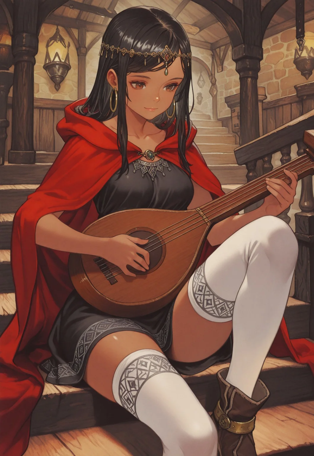 masterpiece, best quality, very aesthetic, absurdres,
cowboy shot, 1girl, solo, bard, dark skin, dark-skinned female, brown eyes, black hair, swept bangs, sidelocks, long hair, lips, breasts, collarbone, bare arms,
arabian clothes, head chain, hoop earrings, hooded cloak, hood down, red cloak, black dress, short dress, white thighhighs, zettai ryouiki, ankle boots,
playing instrument, lute \(instrument\),
sitting, knee up, light smile, sitting on stairs,
indoors, stairs, banister, tavern,
oygilmb
rakugakingu
bdbgil