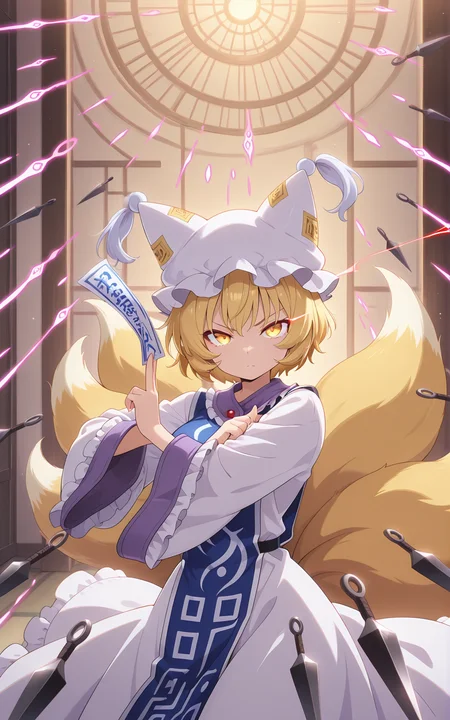 absurdres, highres, masterpiece, best quality, amazing quality, official anime artwork, screencap, anime screencap, dynamic pose, light particles, looking at viewer, danmaku, kunai,
<lora:Yakumo-Ran_Illustrious:1> yakumo ran, 1girl, solo, yellow eyes, blonde hair, short hair, multiple tails, fox tail, fox ears,, hat, white headwear, ofuda, tabard, white dress, long dress, frills, long sleeves, wide sleeves, hands hidden in sleeves,
serious, glowing eyes, glowing eye trail, eye trail,
