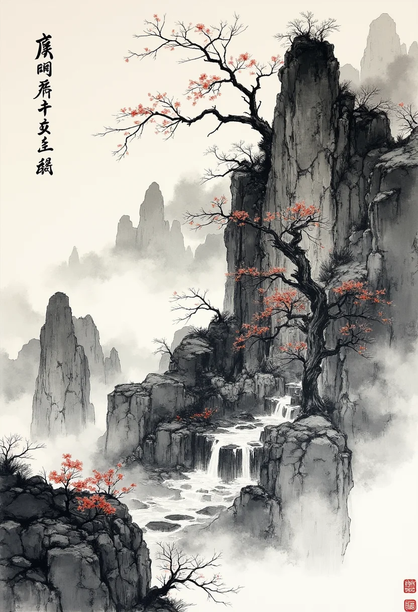 A masterpiece of (japanese ink painting) style.    HD32K, hyperdetailed, best quality, aidmaMJ6.1.