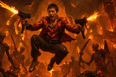 cinematic hell war still, tony montana clad in a tattered red silk suit and infernal gold jewelry, blasting twin Uzis mid-jump while surrounded by skeletal demon soldiers in an industrial battlefield of molten metal and crumbling statues, wide shot, low-angle perspective, background erupting with flames and collapsing infernal architecture, intense and explosive mood, strobe-like lighting with flickering orange and black shadows, vibrant infernal palette of lava red, scorched black, and gold glints, inspired by kinetic action cinematography and graphic supernatural stylization




































