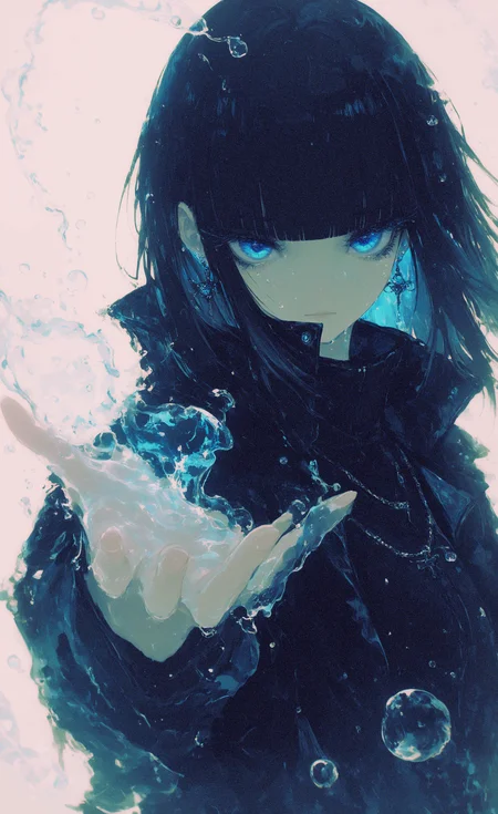 masterpiece, best quality, good quality, newest, highres, absurdres,1girl, solo, long hair, eye reflection, blue eyes, black hair, medium hair, eyelashes, looking at viewer, closed mouth, reaching, outstretched hand, reaching towards viewer,outstretched arm, jacket, earrings, blunt bangs, necklace, black jacket, black coat, high collar, upper body,
water, hydrokinesis, Water drops, melanch0ly,xxx667_illu, glowing <lora:illustriousXL_stabilizer_v1.23:0.3> <lora:NOOB_vp1_detailer_by_volnovik_v1:0.3> <lora:ponyv6_noobE11_2_adamW-000017:0.3> <lora:klskx_wai:0.35> <lora:XXX667:0.6> <lora:mon_monmon2133:0.5> <lora:r17329_illuu:0.5>
