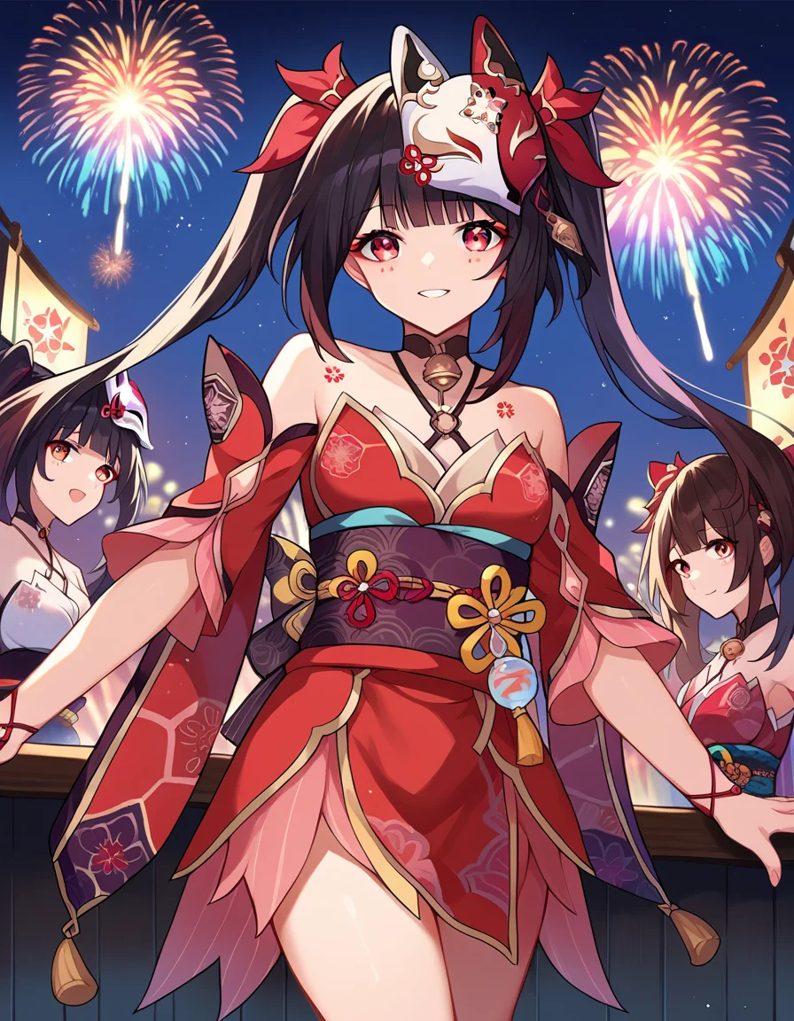 score_9, score_8_up, score_7_up, source_anime,
honkaisparkle, <lora:honkai-sparkle-ponyxl-lora-nochekaiser:1>,
sparkle, long hair, bangs, black hair, hair ornament, twintails, red eyes, bell, mask, mask on head, fox mask, smile,
dress, bare shoulders, japanese clothes, sash, tattoo, red dress,
outdoors, fireworks, festival,
looking at viewer, cowboy shot, dutch angle,