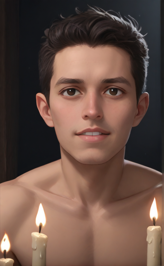 Latino guy, elramostm,  portrait, medium shot, naked, posing, light smile, looking out, dark room, candles, HQ   <lora:LCM_LoRA_Weights_SDXL:0.9> <lora:Latin_Guy:0.8>