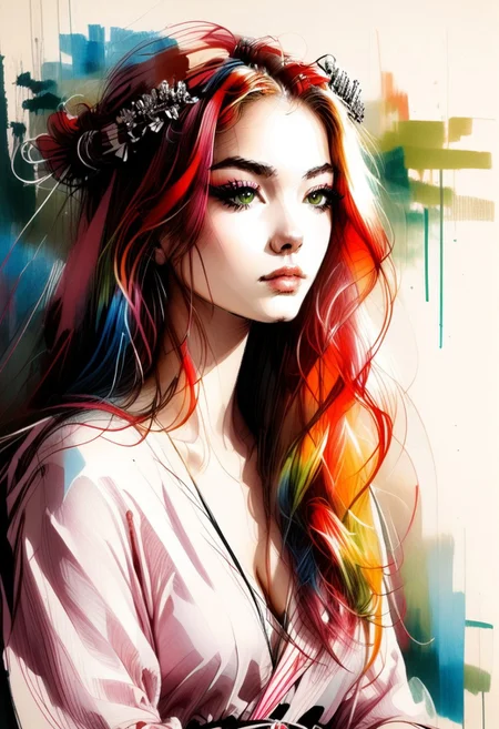 masterpiece,best quality,detailed background, <lora:hyperSD8:1>,
1girl, red hair, long hair, blunt bangs, hime cut, green eyes, eyelashes, large BREASTS, <lora:UKIYO-E_V3:1> ukiyo-e, DETAILED EYES, BORED, loose clothes, expressionless, saturated colors, vibrant colors