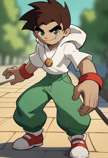 score_9, score_8_up, score_7_up BREAK RaiXS, 1boy, dark brown hair, dark green eyes, tan skin, gold spiral circle necklace, red wristbands, white hoodie, green pants, red white shoes, smiling at viewer,