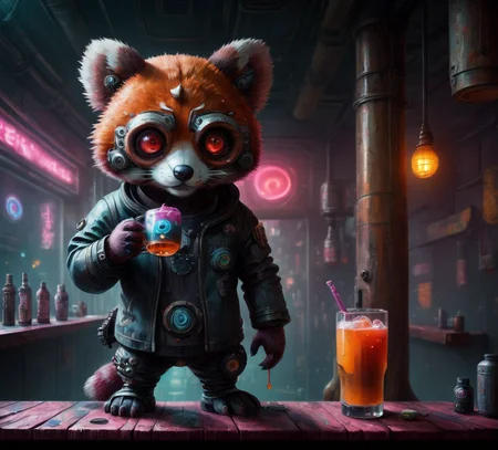 Oil painting of a cute Kawaii red-panda, drinking in cyberpunk bar, Science Fiction, <lora:drkkaw_epoch_10:0.7>