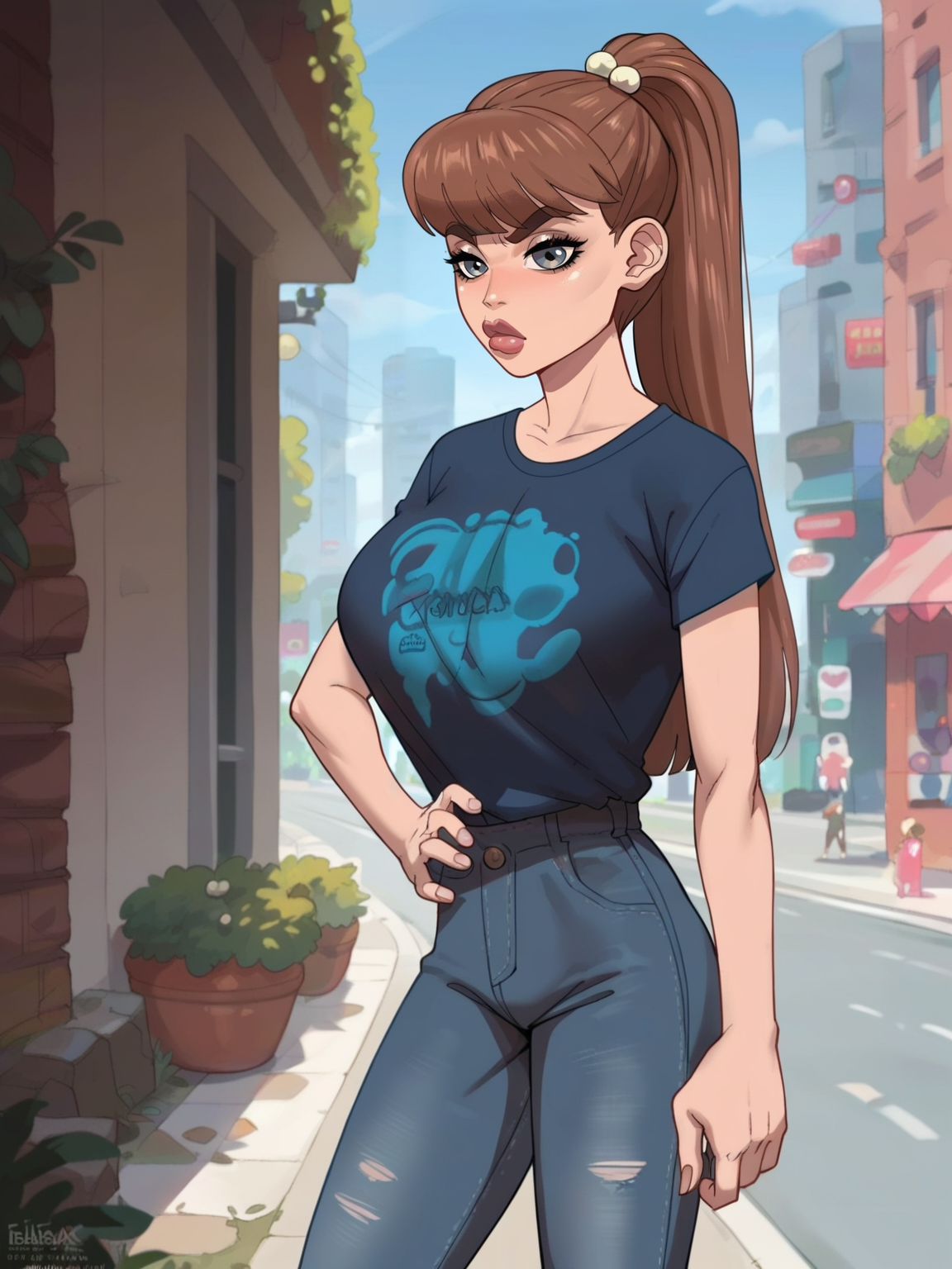 <lora:monster_girlv2:0.6> m_g, 1girl, brown ponytail hair, bangs, hairpin, small body, skinny body, grey eyes,   <lora:fellatrix_style:0.9> big breasts, bimbo, score_9, score_8_up, score_7_up,