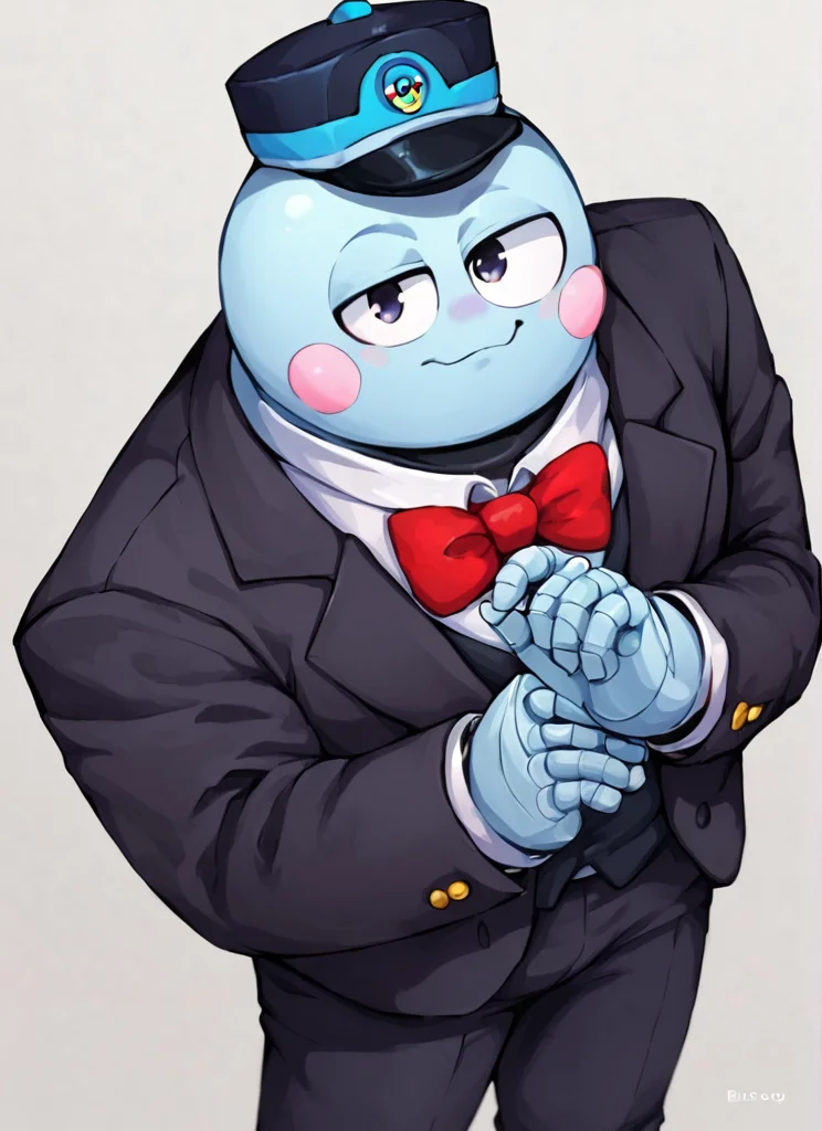 score_9, score_8_up, score_7_up, <lora:bslou:1>bslou , 1 boy , robot, black hat , Elegant Hat , blue body , blush stickers, red bowtie , black suit , looking at viewer,