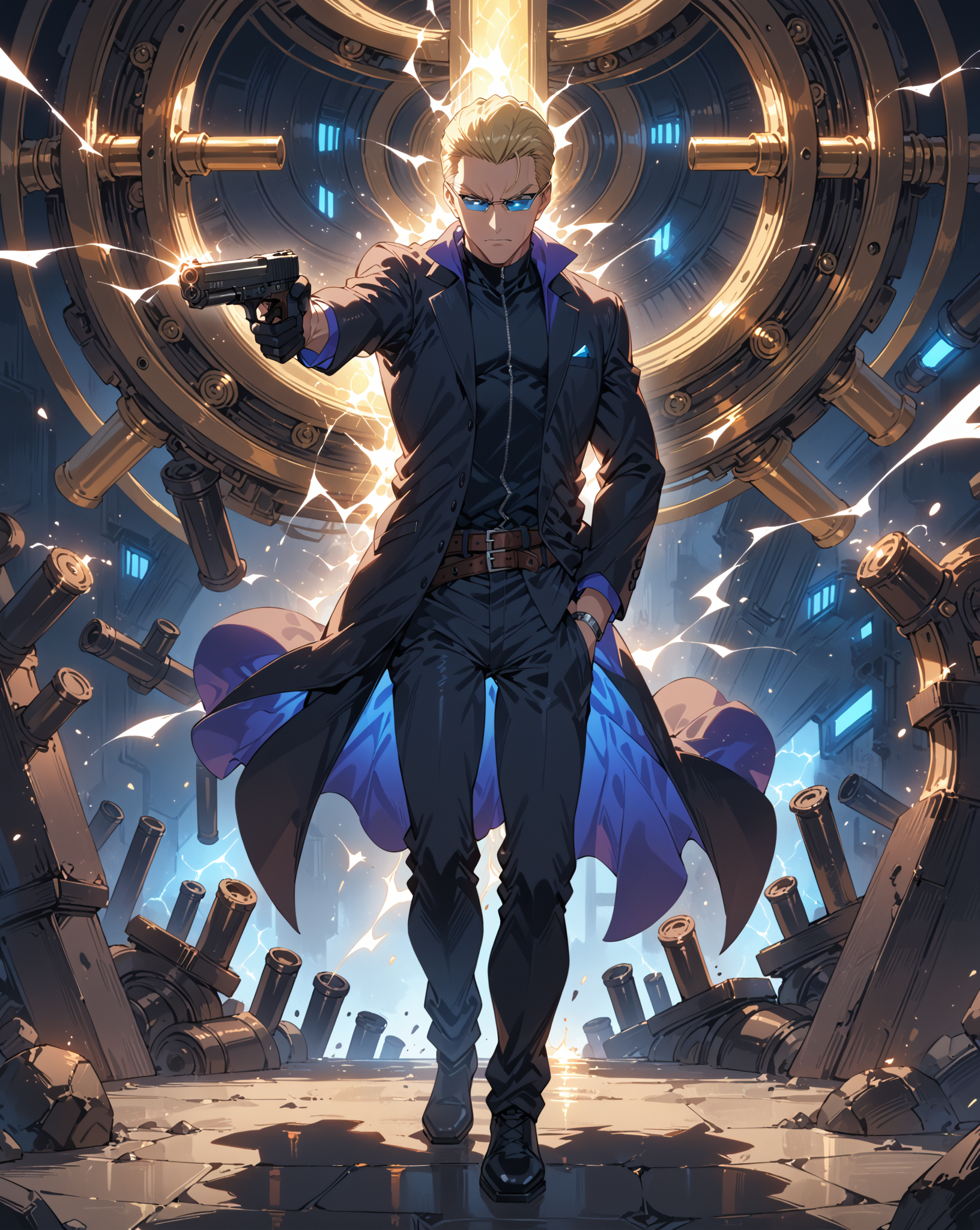 score_9, score_8_up, score_7_up, score_6_up, source_anime, rating_explicit, ah1, best quality, (masterpiece:1.4), (high quality:1.4), sharp focus, 4k, absurd resolution, <lora:albertwesker-guy-PONYv1:0.8> albertwesker, albert wesker, 1boy, solo, blonde, black gloves, sunglasses, belt, pants, black coat, black pants, looking at viewer, toned, athletic, fit, slicked back hair, black turtleneck, zipper, mature male, (graphene textured clothes), black boots, (mad Scientist's Lair, Chaotic workspace cluttered with beakers and test tubes, bubbling concoctions and crackling electricity, strange contraptions and curious inventions, the laughter of a maniacal genius), bad-hands-5, ((fucked silly expression)), <lora:xl_more_art-full_v1:0.4>, <lora:shinyskin2:0.3> glistening skin, <lora:aesthetic_anime_v1s:0.4>, <lora:Expressive_H:0.4> Expressiveh, <lora:hairdetailpxl:0.4> hairdetailpxl, <lora:EpicF4nta5yXL:0.4>, <lora:detailxl:0.4> detailxl, <lora:Fant5yP0ny:0.4>, (focused, intense glare), slit pupils, short hair, (blue eyes), <lora:YusufDikecGunPose_pdxl_Incrs_v1:0.8> ((holding weapon, holding gun, handgun, hand in pocket, aiming)), full body, illustration, Volumetric_Lighting, ultra-detailed, very aesthetic, intricate details, absurdres, 8k, masterpiece, best_quality,