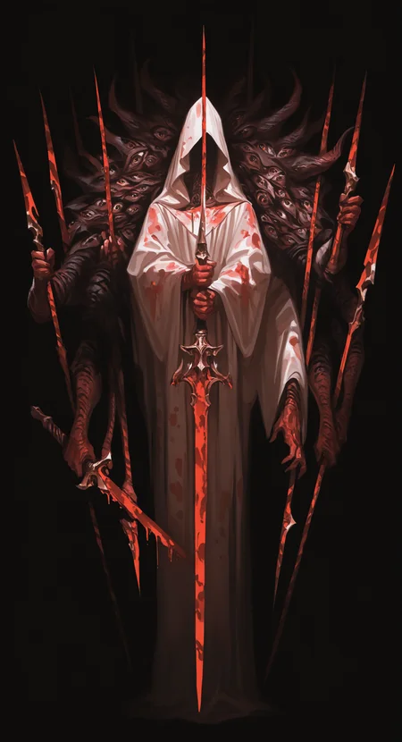 masterpiece, best quality, Good quality, very aesthetic, absurdres, newest, Close-Up, solo, simple_background, holding, standing, full_body, weapon, sword, holding_weapon, blood, holding_sword, black_background, polearm, facing_viewer, veil, robe, monster, spear, blood_on_clothes, holding_polearm, disembodied_limb, red_theme, extra_arms, extra_eyes, blood_on_weapon <lora:ponyv4_noob1_2_adamW-000017:0.7> <lora:USNR_STYLE_XL_lokr:1>