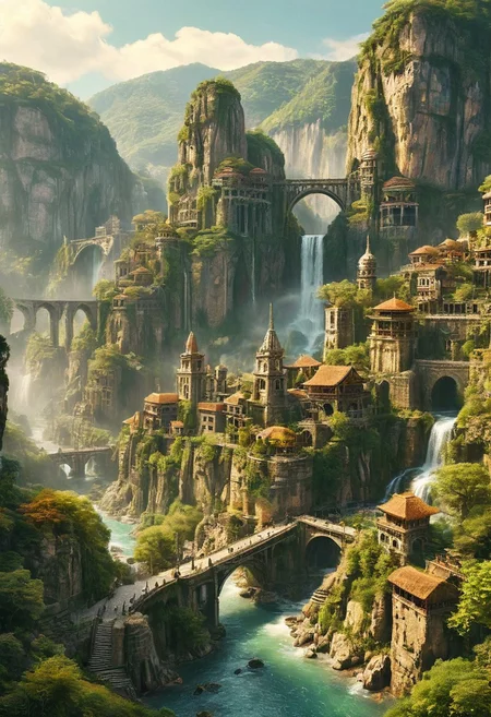 A grand, majestic fantasy city carved into a mountainside with intricate architectural designs. The city features multiple domed buildings, towering statues, and a large bridge connecting different parts of the city. The scene is set in a lush landscape with rocky cliffs and waterfalls, creating a sense of awe and wonder.