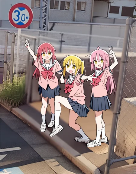 masterpiece, best quality, ultra detailed, highres,4k,(ultra-detailed:1.4) (illustration:0.5), (ray tracing,:0.8),(anime colored:0.7),(ai-generated:0.5),
gotoh hitori, bocchi the rock!,
ijichi nijika, bocchi the rock!,
kita ikuyo, bocchi the rock!,
smile,school uniform,
<lora:googlecarmemeXL1:1>,googlecarmeme,
multiple girls, 3girls,outdoors,sign,road, road sign,city,
v,standing on one leg,arm up,