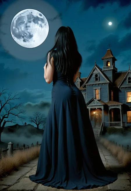 Female, black hair, long black dress,, illustration, haunted house with full moon background, intricate details, dark blue sky, wolf howling in the distance