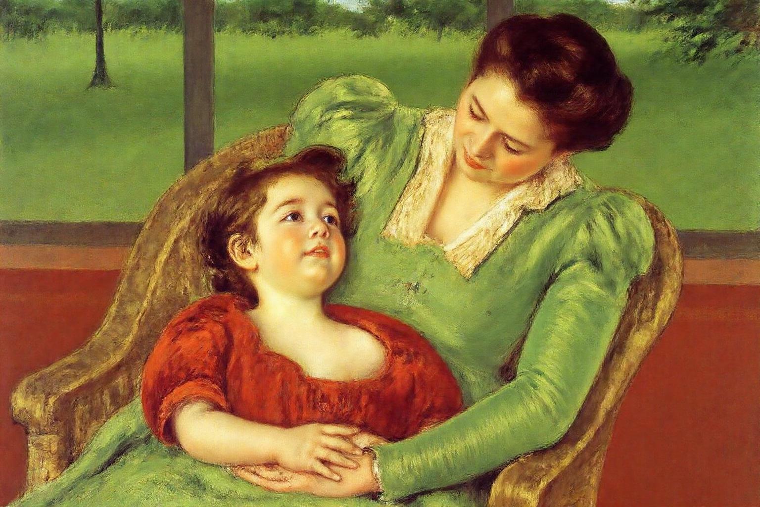 marycassatt1 painting
An intimate moment between a woman and a young little girl. The woman, with short, dark hair, is sitting in a comfortable, wicker armchair, dressed in a green long-sleeved dress with a white collar and a visible neckline. She has a gentle, caring expression, looking down at the child. The child, with a round face and short, dark hair, is sitting on the woman's lap, looking back at her.  <lora:marycassatt1_cap_d6a3e17:1.0><lora:833891737870093634:0>