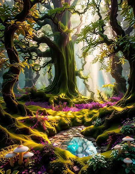 A magical, enchanted forest,3nch4nt3d f0r3st bathed in soft, ethereal light. Towering ancient trees with twisted, gnarled branches stretch towards the sky, their leaves glowing faintly with bioluminescent hues of green and blue. The forest floor is lush with vibrant moss and scattered with luminous mushrooms of various colorsâpink, purple, and orangeâthat emit a soft, otherworldly glow. Golden and purple light filters through the dense canopy above, casting dappled patterns on the ground.
In the heart of the scene, a small, glowing orb hovers just above the moss, radiating warmth and subtle sparkles. Fireflies drift lazily through the air, leaving faint trails of light behind them. The atmosphere feels mystical and serene, as if this forest is alive with ancient magic. The overall lighting is dreamy, with a harmonious blend of soft pink, purple, and green tones that enhance the enchanted quality of the scene..<lora:SDXLFaeTastic2400:0.4> <lora:extremely_detailed:0.4> extremely detailed, <lora:3nch4nt3d_f0r3st:1>, Masterpiece,best quality,hi res,8k,hi res,8k,award winning,(sharp focus, intricate, highly detailed),
