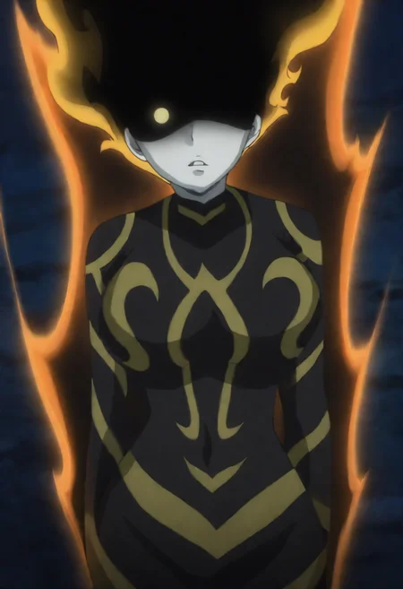 masterpiece, best quality, newest, absurdres, highres, dark, anime screenshot, anime coloring, fairy tail, outdoors, night, 1girl, solo, dimariags, floating hair, glowing hair, long hair, colored skin, black skin, one eye, no pupils, colored sclera, yellow sclera, aura, neon trim, glowing eye <lora:Dimaria_Yesta_all_in_one_last_Illustrious:1.2>