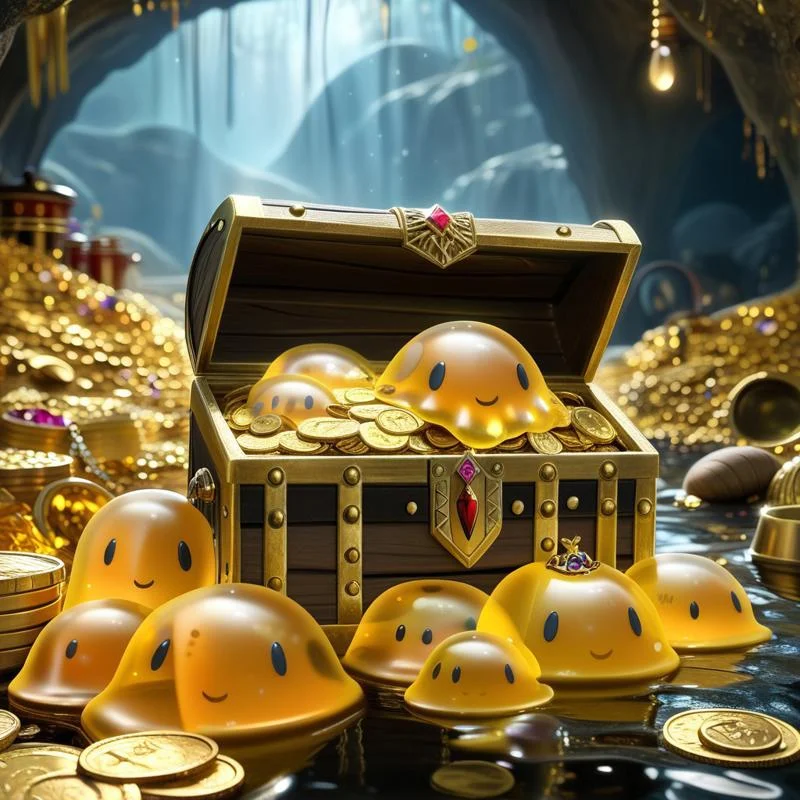 chalice made out of slime, fancy cup made out of slime, fancy chalice made out of slime, Detailed chalice made out of gold slime, Gem-studded slime chalice, multi-colored gems made out of slime, in a room of treasure made out of slime, gold coins and bars made out of slime, wood-like treasure chest made out of slime, wood-colored slime chest,
treasure-room, treasure, treasure chest, gemstone, coins, gold bars, gold pile,
everything made of slime, No simple background,
((translucent slime)), ((transparent slime)), (bioluminescent slime), sl1m3, slime, ais-blmn, watce, je11y, thickwater, great lighting, ral-lava, even lighting, no bright spots,
