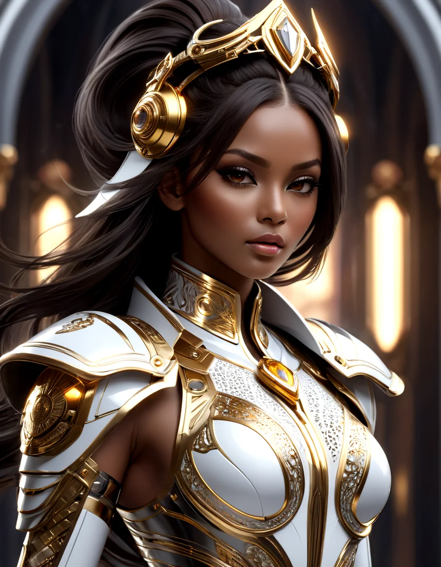 masterpiece, best quality, absurdres, digital art, 3d render, 3d graphics, <lora:sssx:0.7> michiko_malandro, dark-skinned woman, full lips, long hair, dark brown hair, brown eyes,
A stunning image showcases a young woman in an elaborate, futuristic outfit that combines elements of armor and high fashion. Her suit is predominantly white with intricate silver and gold patterns, featuring bold yellow accents that add a vibrant contrast. The outfit is form-fitting, highlighting her figure, and includes detailed, ornamental designs that suggest both elegance and strength. She wears a unique headpiece with white and gold elements, complementing her dark hair styled in a high ponytail.
The background is dynamic and intense, with a smoky atmosphere and colorful sparks or embers flying through the air, hinting at a dramatic, action-packed setting. Her expression is calm and composed, exuding confidence and determination as she strides forward, making her presence both commanding and captivating.