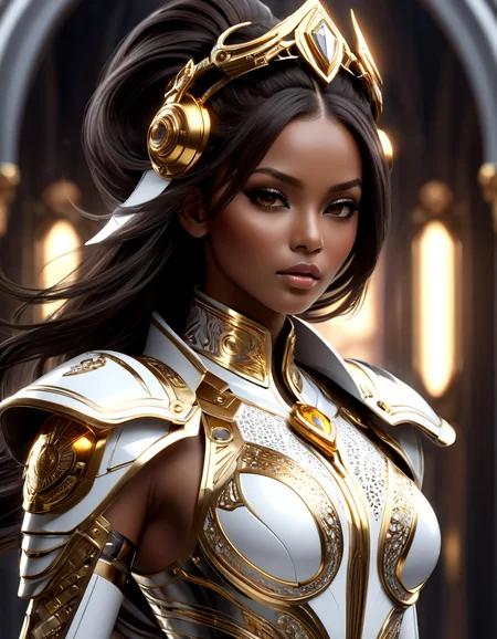 masterpiece, best quality, absurdres, digital art, 3d render, 3d graphics, <lora:sssx:0.7> michiko_malandro, dark-skinned woman, full lips, long hair, dark brown hair, brown eyes,
A stunning image showcases a young woman in an elaborate, futuristic outfit that combines elements of armor and high fashion. Her suit is predominantly white with intricate silver and gold patterns, featuring bold yellow accents that add a vibrant contrast. The outfit is form-fitting, highlighting her figure, and includes detailed, ornamental designs that suggest both elegance and strength. She wears a unique headpiece with white and gold elements, complementing her dark hair styled in a high ponytail.
The background is dynamic and intense, with a smoky atmosphere and colorful sparks or embers flying through the air, hinting at a dramatic, action-packed setting. Her expression is calm and composed, exuding confidence and determination as she strides forward, making her presence both commanding and captivating.
