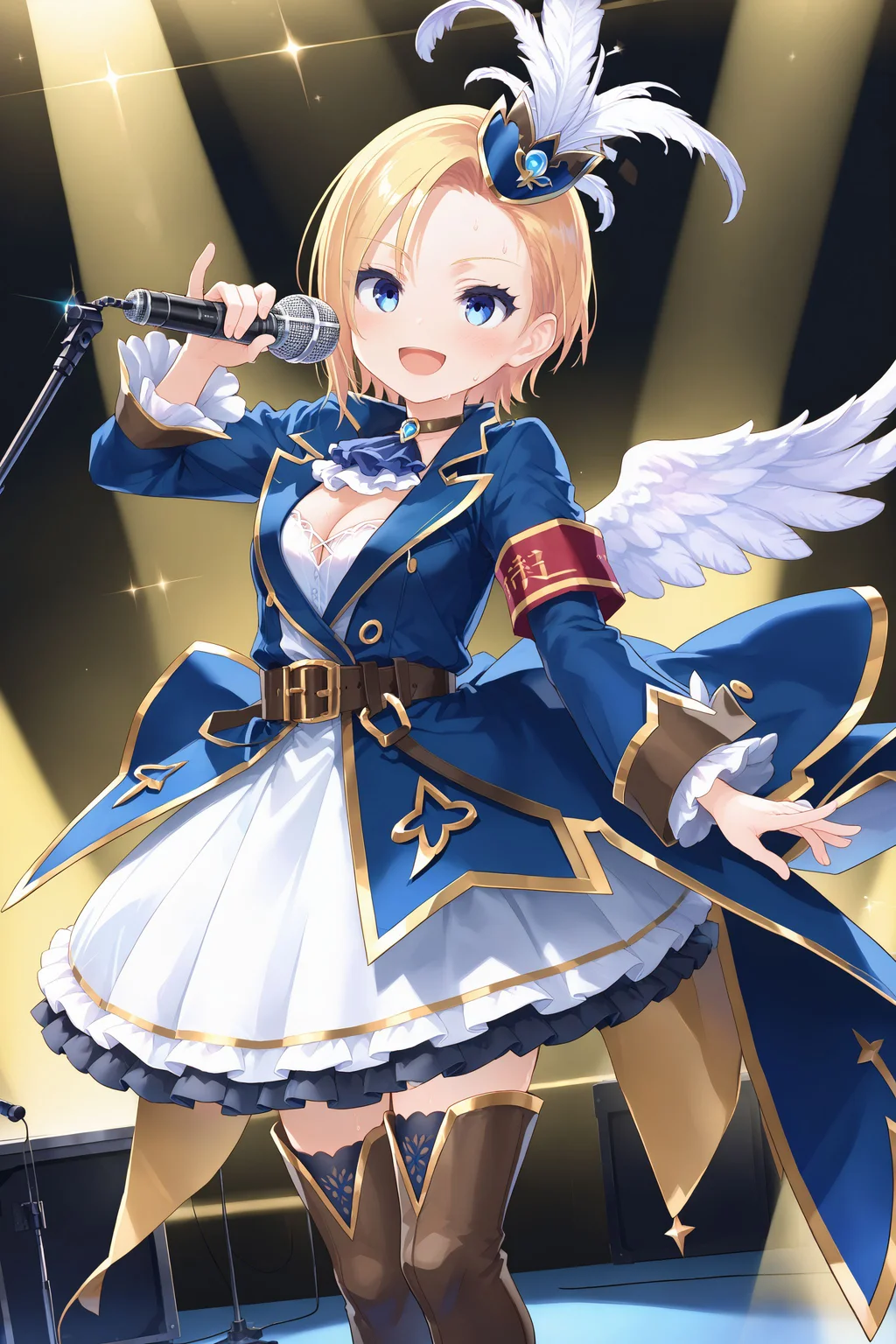 score_max, (score_9, score_8_up, score_7_up:1.0), score_6_up, official art,
, masterpiece, absurdres, high detail, 8k,
stage, light beam, colorful light, musical instrument,
standing, arm up, holding microphone, smile, open mouth, blush, sweat
solo, eriza, short hair, xenosmagica, hat feather, blue headwear, blue jacket, wing collar, open jacket, choker, ascot, gem, long sleeves, white dress, cleavage, armband, feathered wings, belt, white skirt, thigh strap, thigh boots, high heel boots, brown footwear, gold trim
<lora:XL_Pony_MGCM-eriza-t1:1.2>