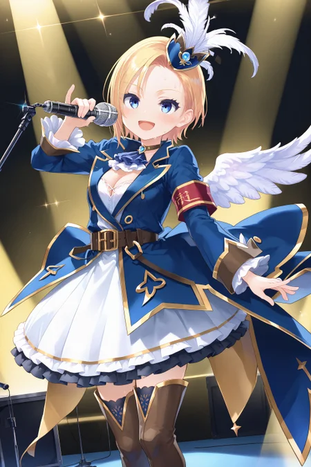 score_max, (score_9, score_8_up, score_7_up:1.0), score_6_up, official art,
, masterpiece, absurdres, high detail, 8k,
stage, light beam, colorful light, musical instrument,
standing, arm up, holding microphone, smile, open mouth, blush, sweat
solo, eriza, short hair, xenosmagica, hat feather, blue headwear, blue jacket, wing collar, open jacket, choker, ascot, gem, long sleeves, white dress, cleavage, armband, feathered wings, belt, white skirt, thigh strap, thigh boots, high heel boots, brown footwear, gold trim
<lora:XL_Pony_MGCM-eriza-t1:1.2>